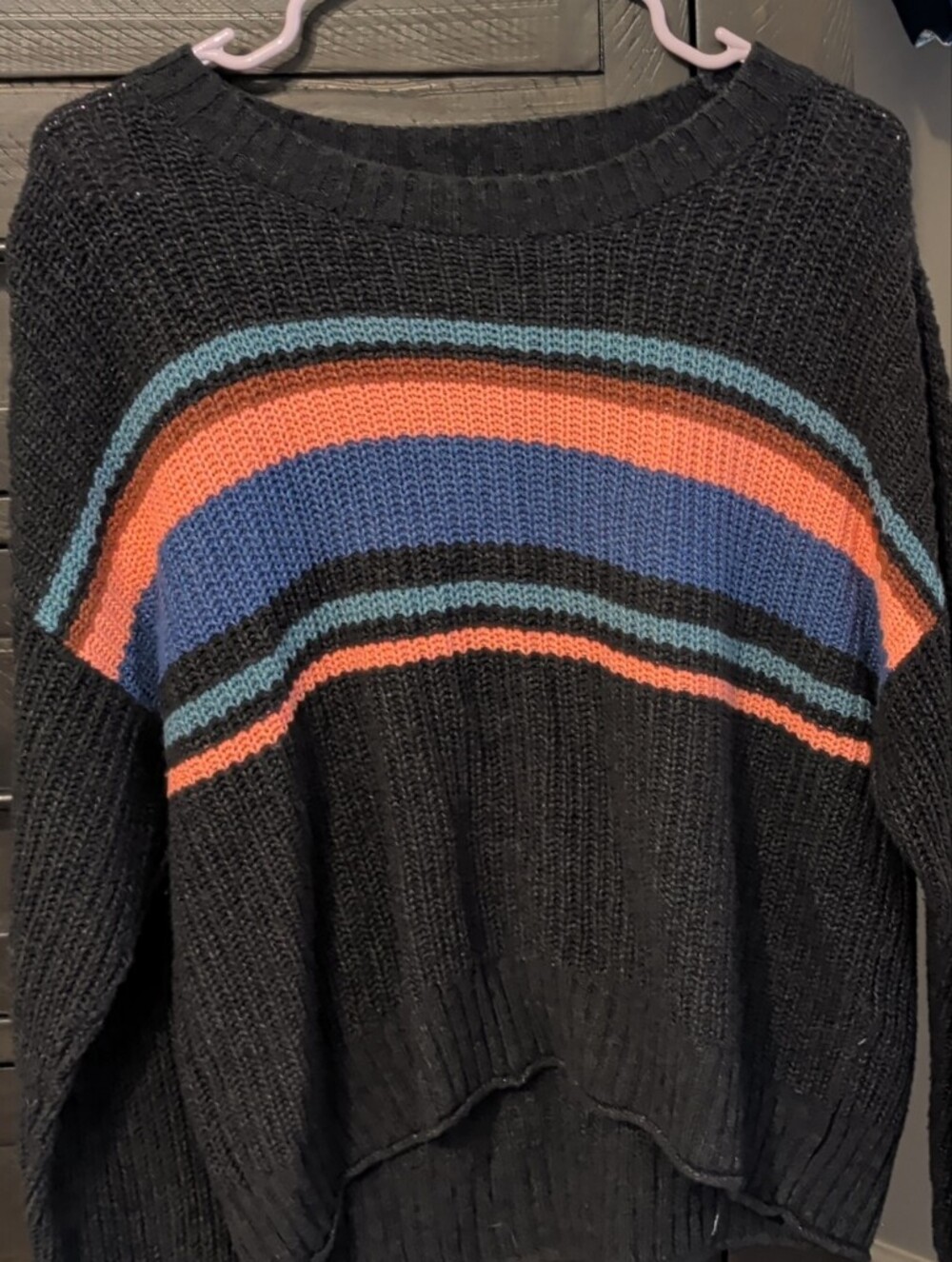 American Eagle Outfitters Black Crewneck Sweater with Blue and Orange Stripes